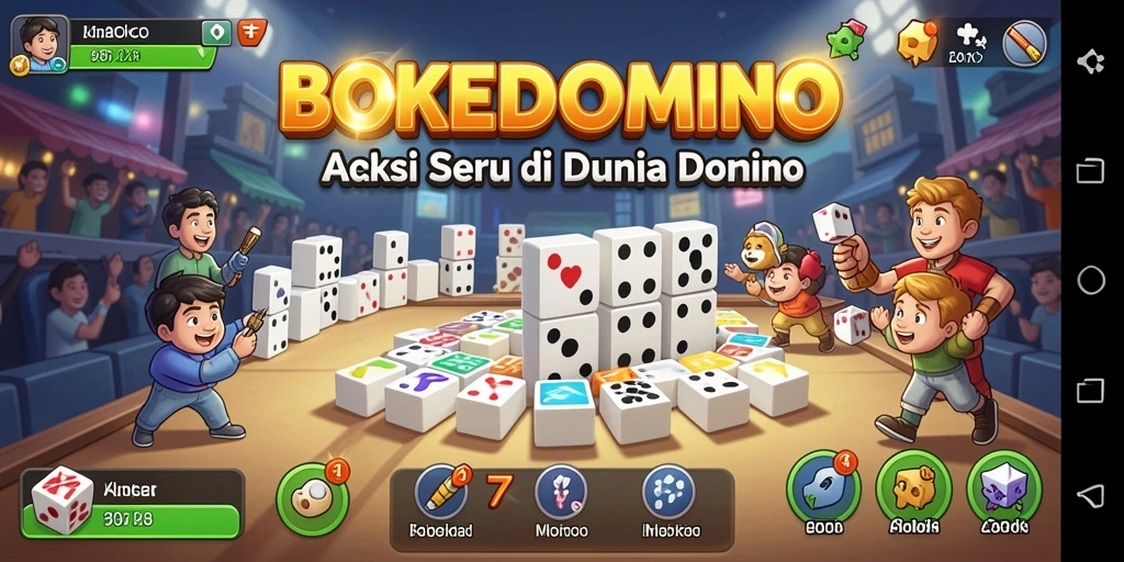 Gameplay mendebarkan BOKEDOMINO dengan aksi domino yang seru.