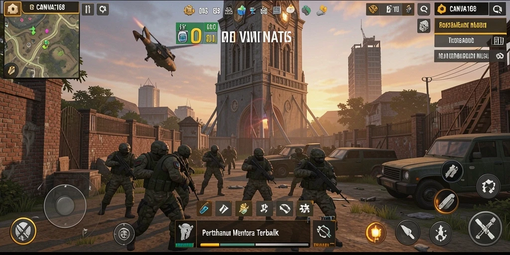 Screenshot gameplay CANVA168 dengan aksi pertahanan menara yang seru.