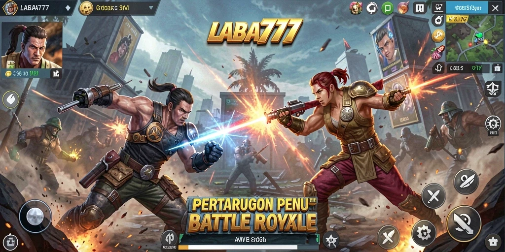 Tangkapan layar LABA777 menampilkan aksi pertempuran mendebarkan dalam arena Battle Royale.