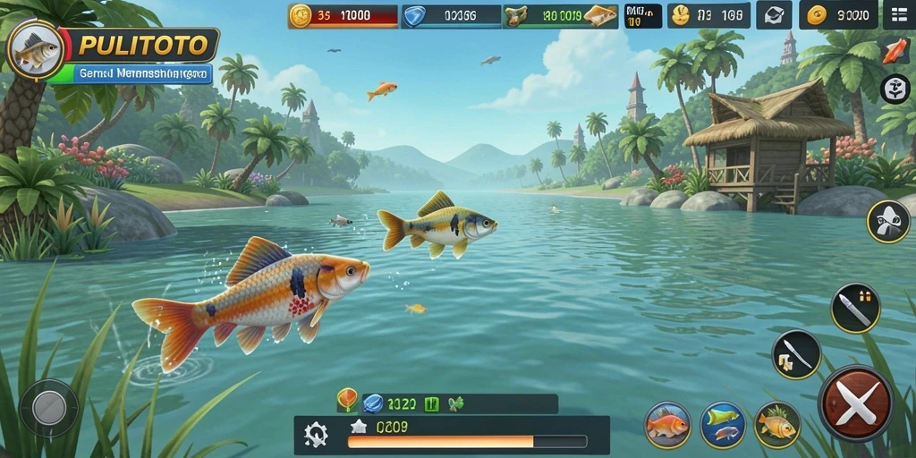 Screenshot PULITOTO menampilkan aksi memancing yang mendebarkan dan lokasi yang indah.
