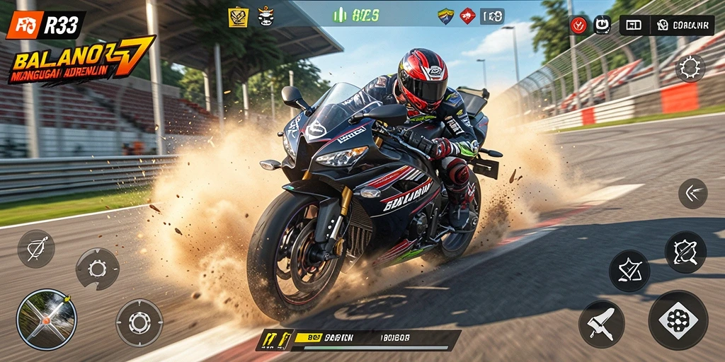 Screenshot gameplay RR33 yang menampilkan adu balap motor yang seru.
