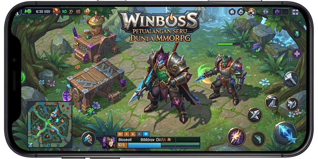 Screenshot gameplay WINBOSS dengan pertarungan epik dan karakter berwarna-warni.